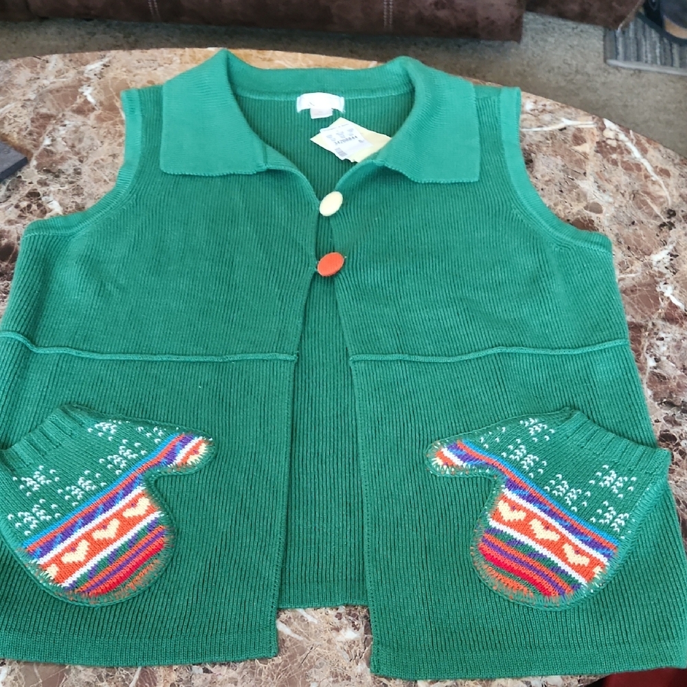 Christopher & Banks Green Sweater Vest with Colorful Pockets